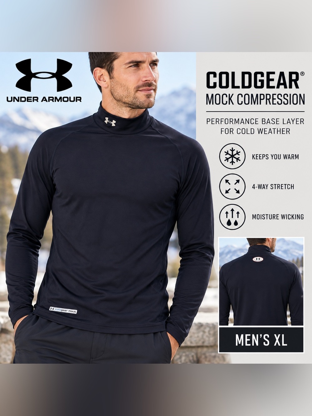 Under Armour ColdGear Mock Neck Compression Top XL Black Navy Long Sleeve Snow